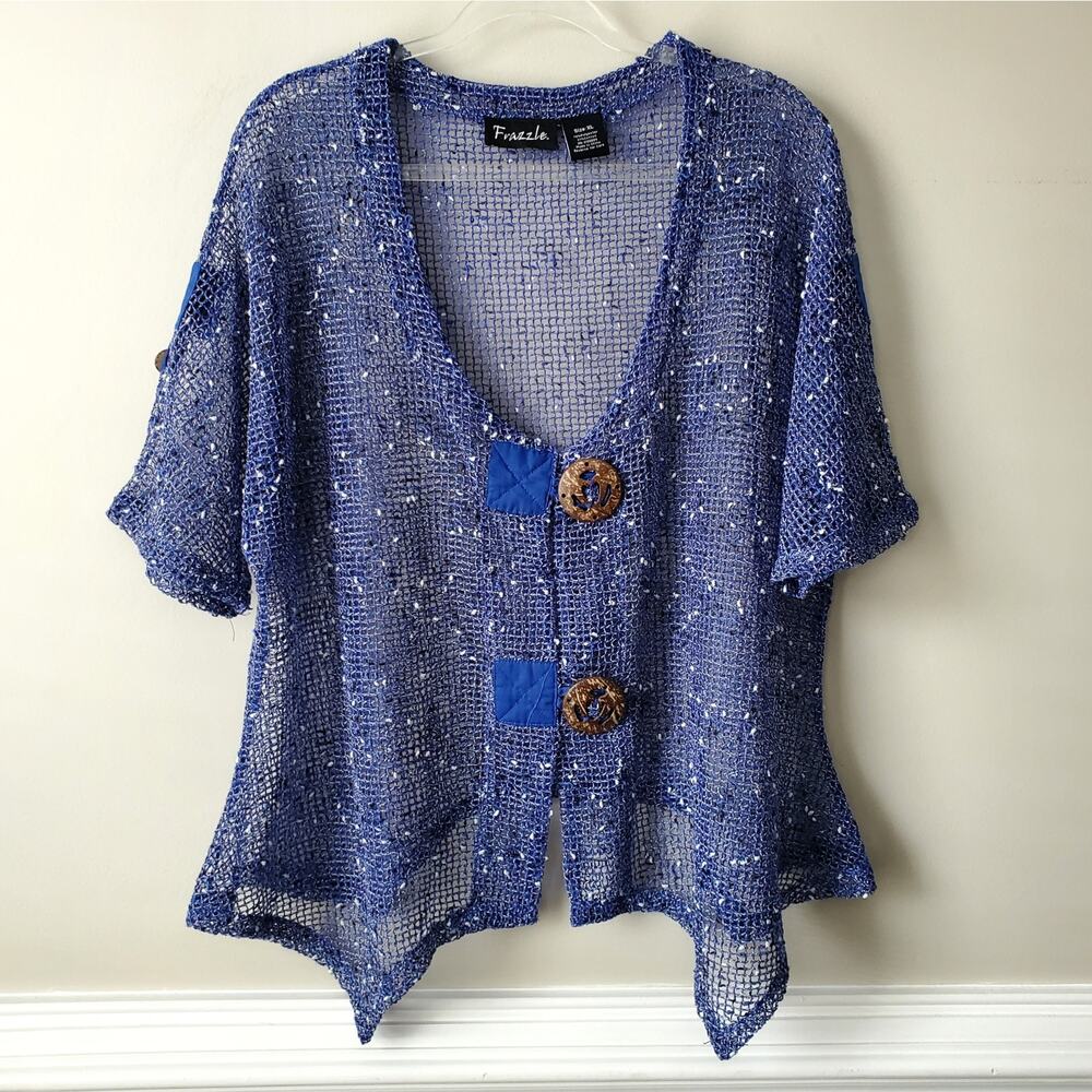Women Blue Frazzle Fishnet Mesh Button Cardigan XL Lagenlook Artsy Layered